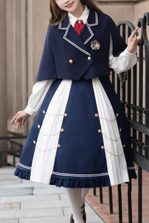 Blue/White Suit Collar Double Breasted High Waist College Style Sweet Lolita Dress Full Set