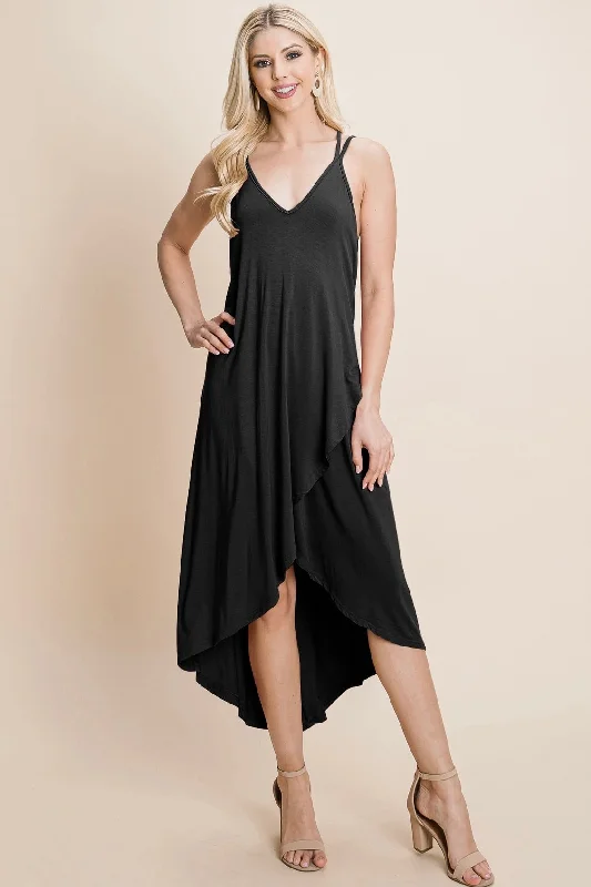 Cami Deep V High Low Dress Black