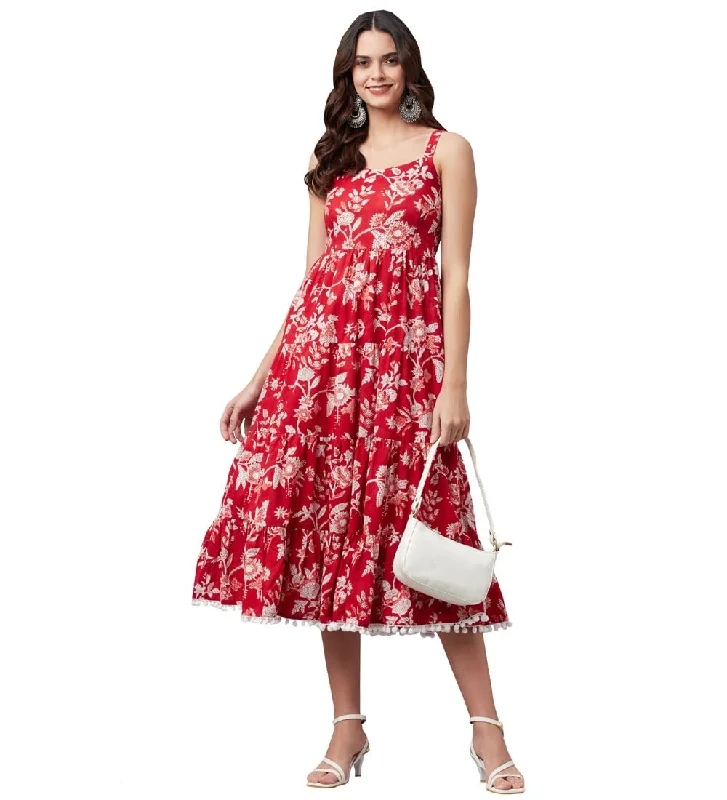 Divena Red Floral Printed Shoulder Strap Long Dress