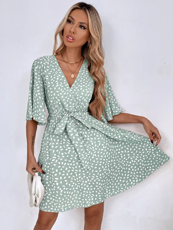 Flounce Sleeve Belted Dress