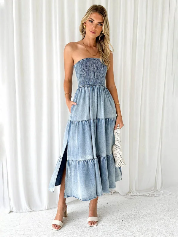 Blue Zone Planet |  Fresh and sweet hem spliced side slit strapless cake denim long dress