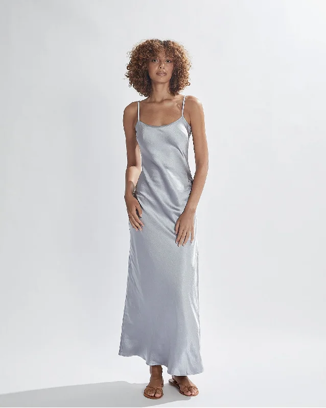 Isla Satin Slip Dress Slate Blue