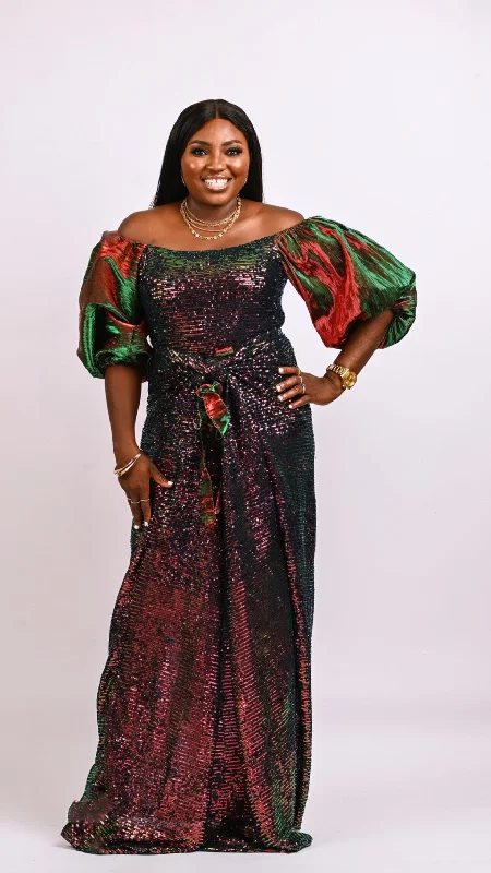 Ogaraya Off shoulder multicolored sequin long dress. Boubou Look 11