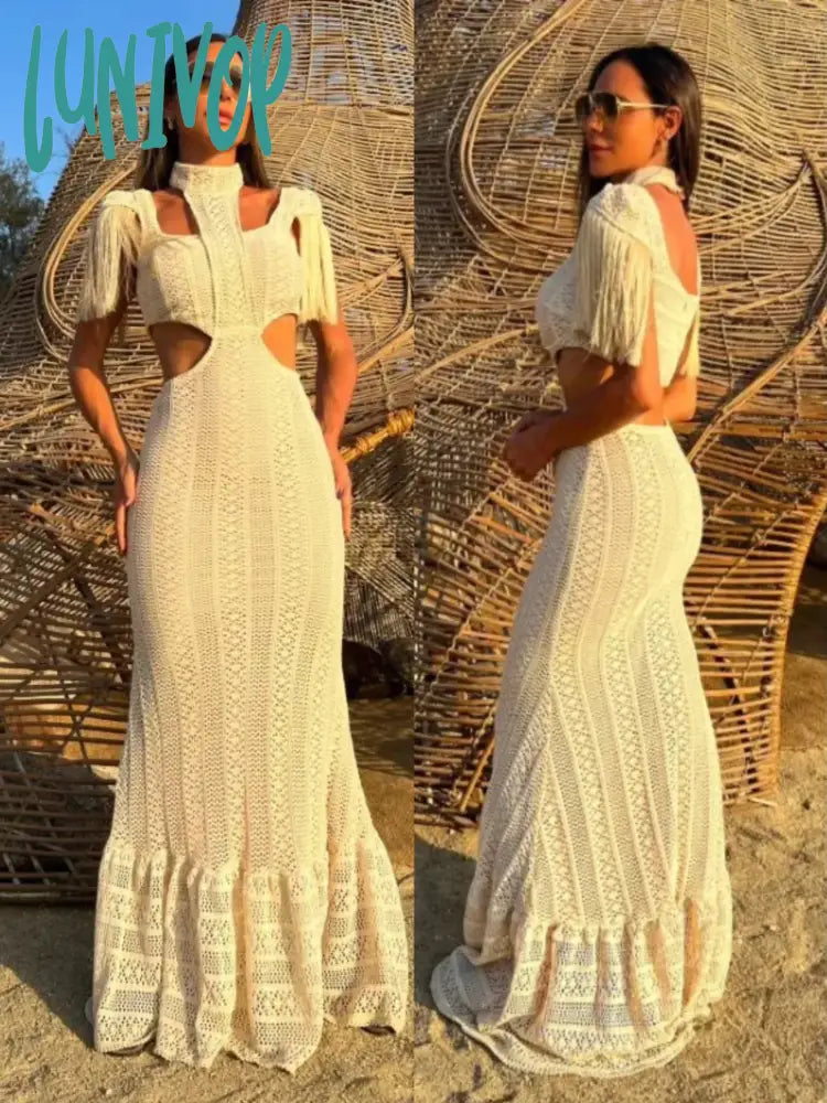 Lunivop Sexy White Lace Women Dress Turtleneck Tassel Sleeve Slim Naked Waist Hollow Out Long Dress Summer Beach Female Knit Robe