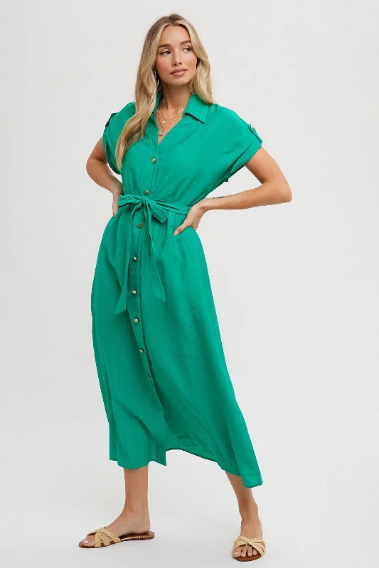 Roll Tab Belted Button Dress Green