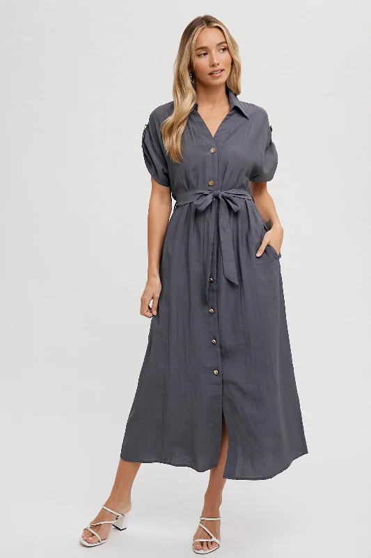 Roll Tab Belted Button Dress Slate