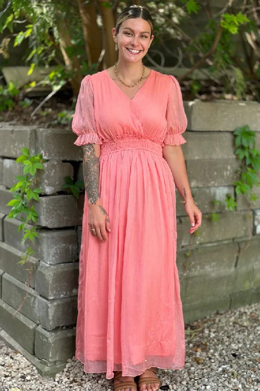 Sheer Lined Smocked Waist Dress Pink