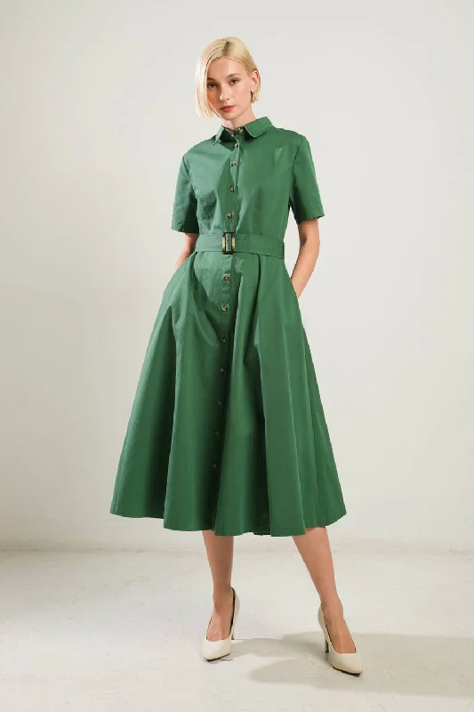 Shirt Button Down Fit Flare Dress Green