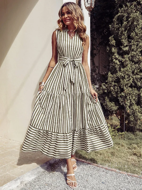 Striped Dress Belted with Ruffle Hem