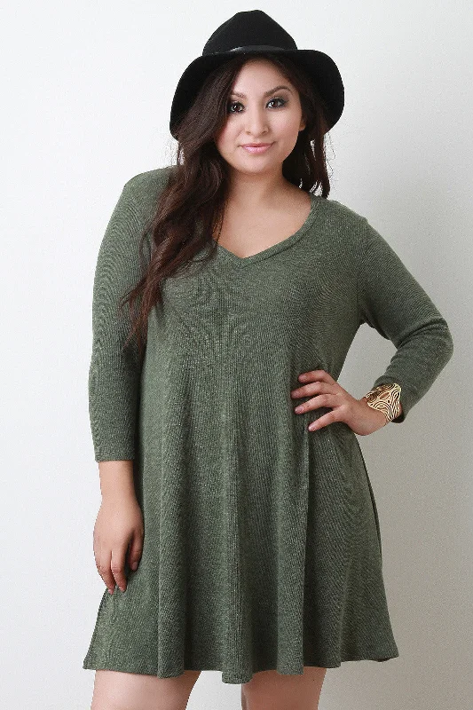 V-Neck Ribbed Knit Shift Dress