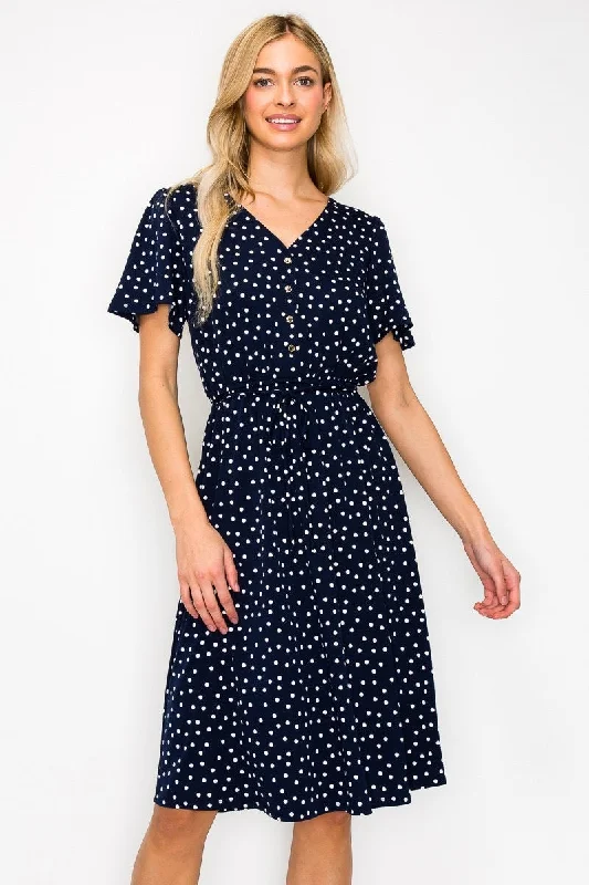 V Neck Elastic Waist Dress Navy