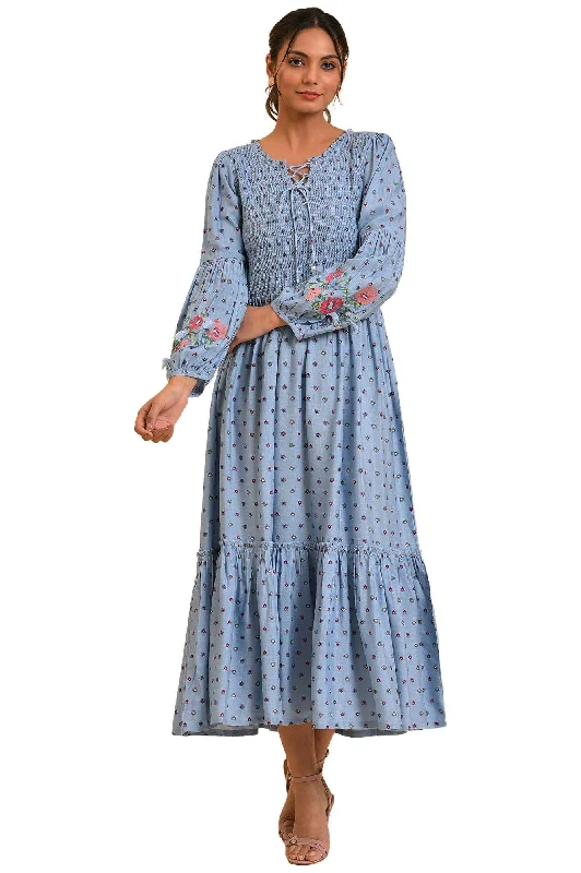 W for Woman Women's Rayon Light Blue Printed Tiered Long Dress Ankle Length