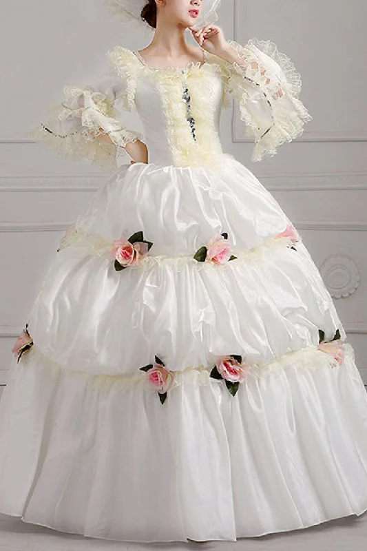 White Court Style High Waisted Flowers Victorian Lolita Prom Dress