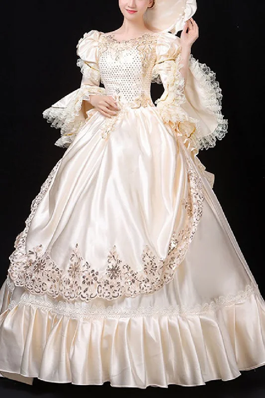 White Court Style High Waisted Flowers Decoration Hime Sleeves Victorian Lolita Prom Dress