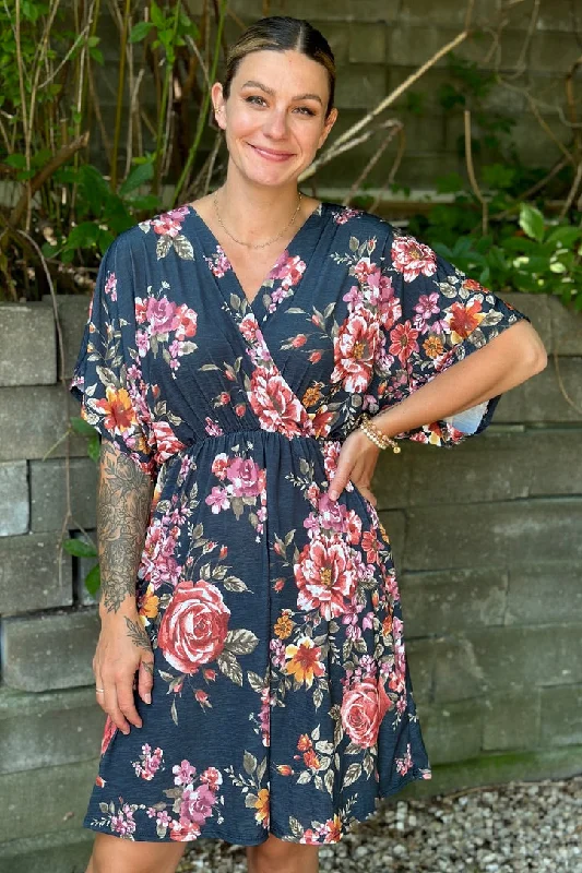 Wrap V-Neck Floral Dress Blue