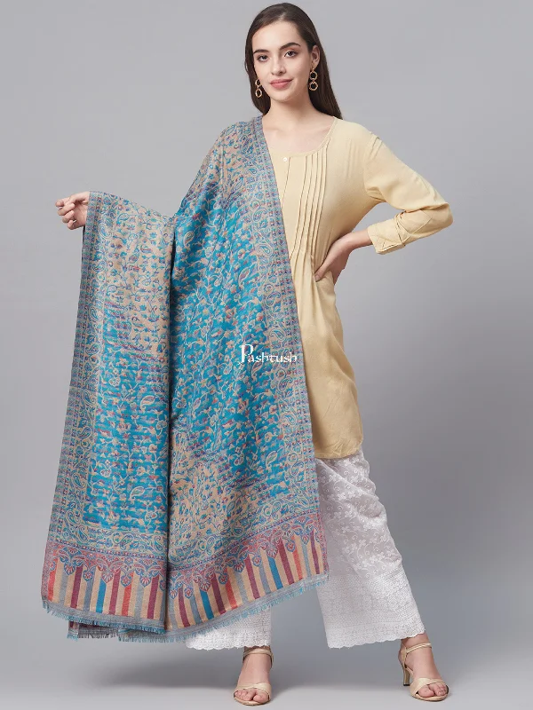 Pashtush Women Faux Pashmina, Woven Design Jamawar Shawl, Blue Beige