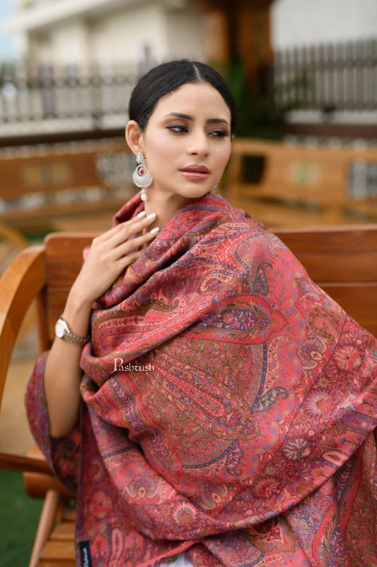 Pashtush Womens 100% Pure Wool With Woolmark Certificate Shawl, Kalamkari Weave, Antique Aesthetic Woven Design, Rose