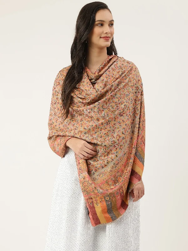 Pashtush womens Faux Pashmina shawl Woven Ethnic Design, Beige