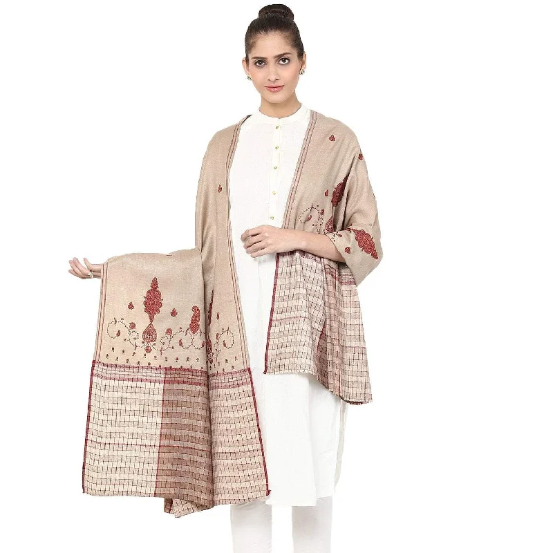 Pashtush Women'S Embroidered Wool Shawl With Check Shaded Palla