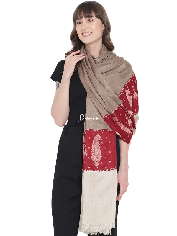 Pashtush Womens Embroidery Shawl, Fine Wool, Paiseley Stitched Palla, Beige and Maroon