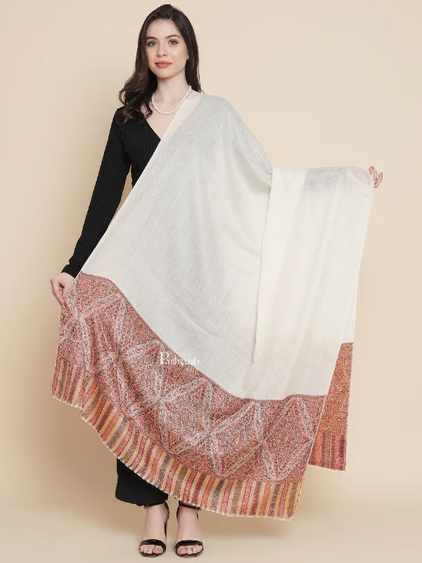 Pashtush Womens Extra Fine Wool Shawl, Ethnic Palla Design, Ivory