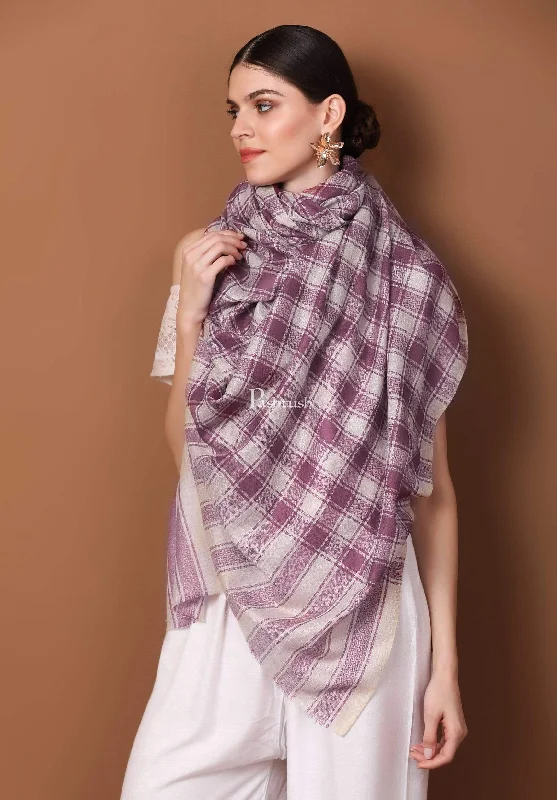 Pashtush Womens Fine Wool Shawl, Checkered Design, Purple