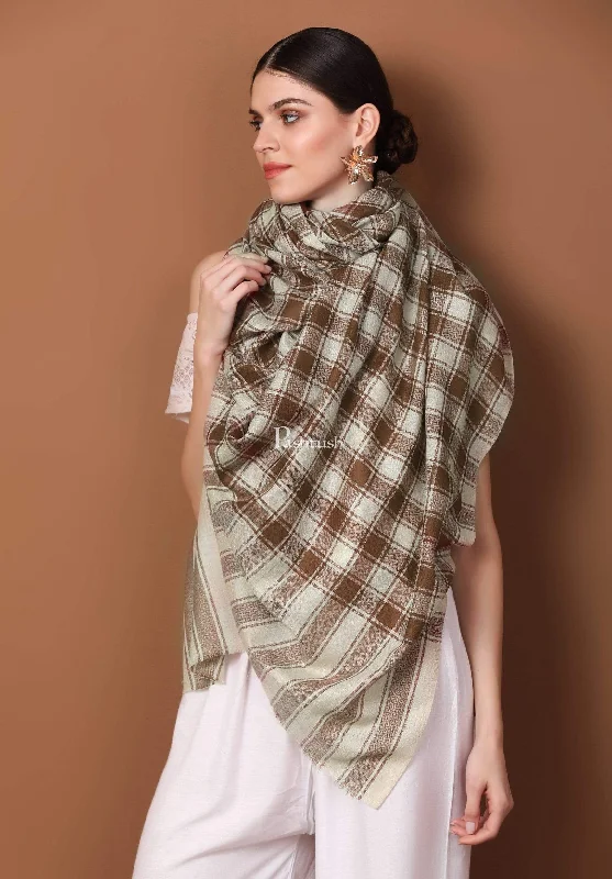 Pashtush Womens Fine Wool Shawl, Checkered Design, coffee beige