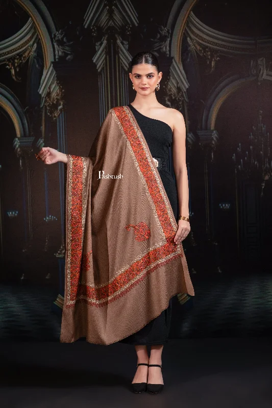 Pashtush Womens Fine Wool Tilla Border Shawl, Challa Daur with Metallic Detailing, Taupe