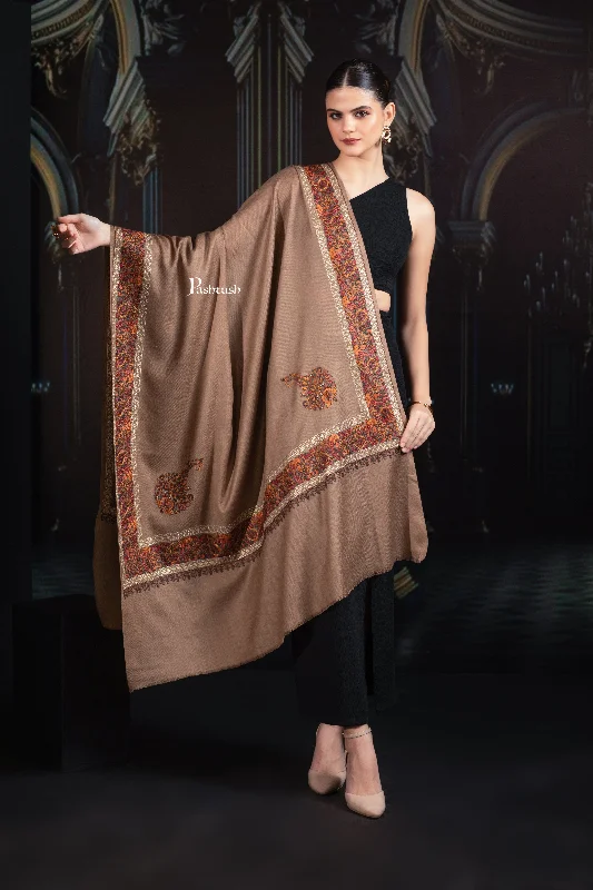 Pashtush Womens Fine Wool Tilla Border Shawl, Challa Daur with Metallic Detailing, Taupe