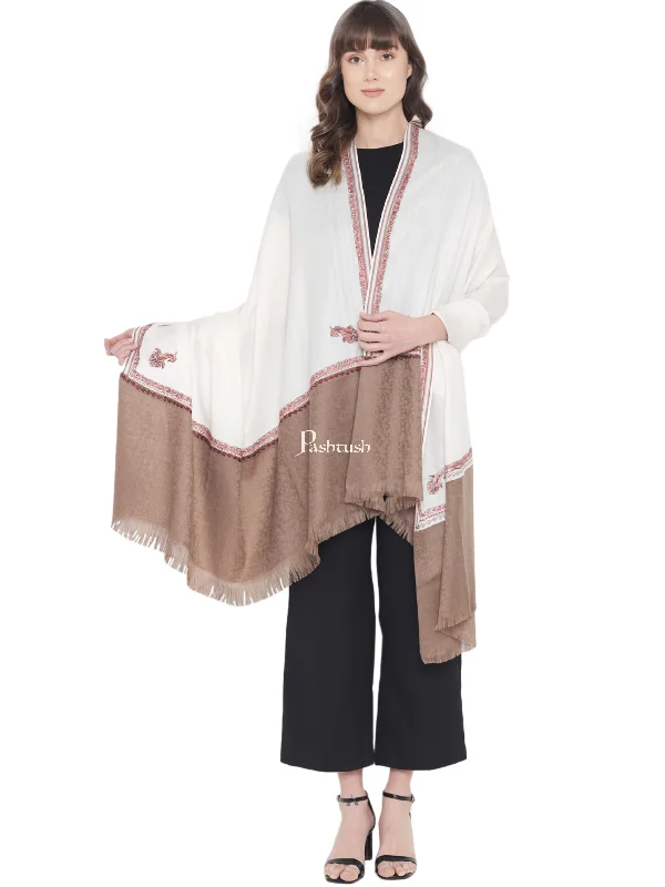 Pashtush Womens Hand Embroidery Shawl, Kingri Design, Stitched Contrast Palla, Fine Wool White and Beige