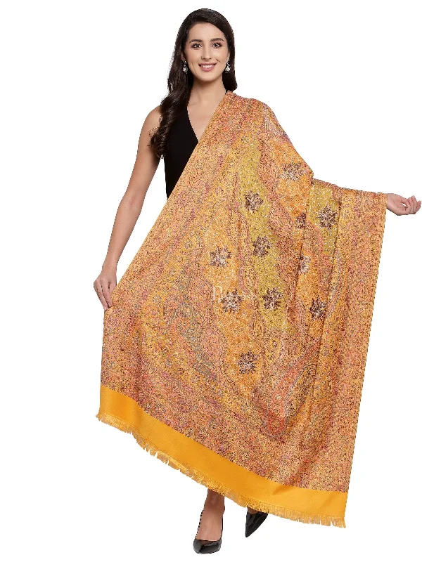 Pashtush Womens Jamawar Shawl With Hand Aari Embroidery, Silky Threadwork - Soft Faux Mustard