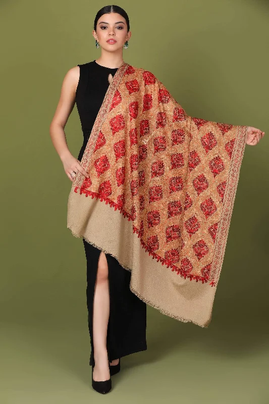 Pashtush Womens Shawl, Aari Embroidery, Beige