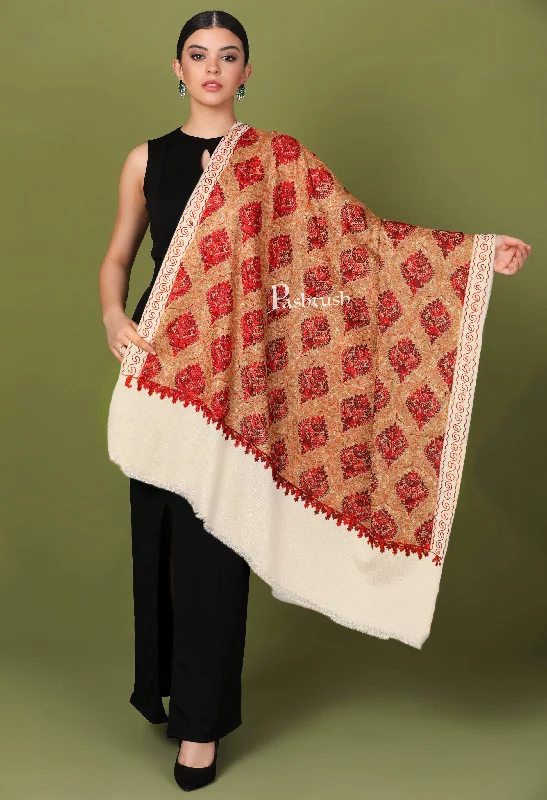 Pashtush Womens Shawl, Aari Embroidery, White