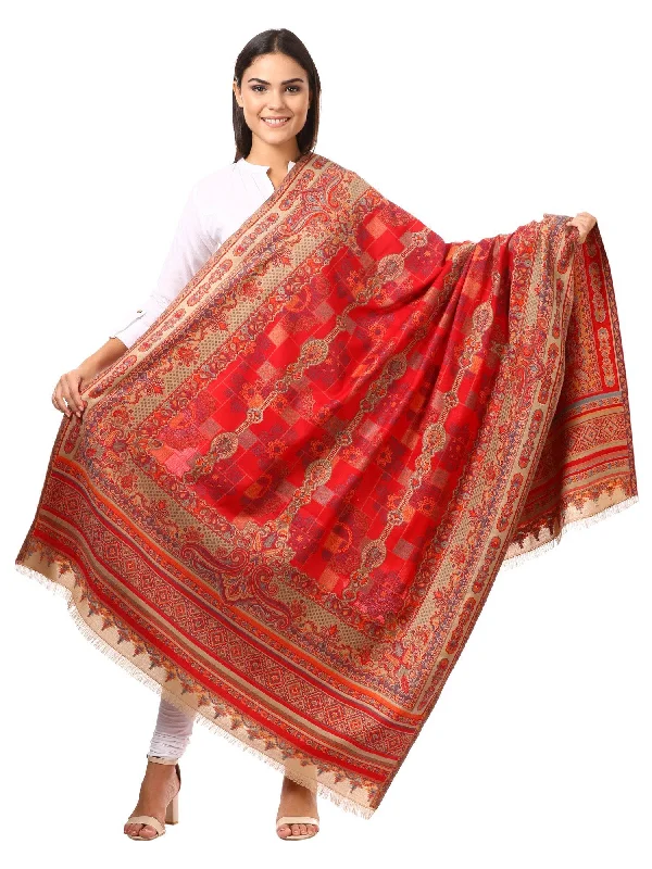 Pashtush Womens Aztec Jamawar Shawl, Faux Pashmina - Bright Maroon Red