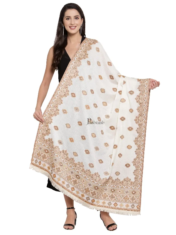 Pashtush Womens Aztec Jamawar Shawl, Faux Pashmina, Woven Jacquard Design With Aztec Weaving Design, Soft And Warm Faux Pashmina White