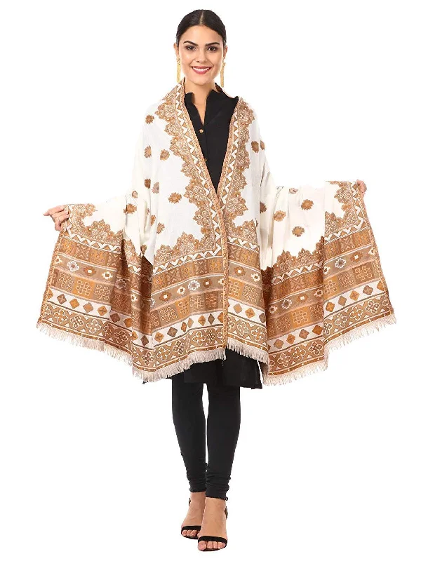 Pashtush Womens Aztec Jamawar Shawl, Faux Pashmina, Woven Jacquard Design With Aztec Weaving Design, Soft And Warm Faux Pashmina White