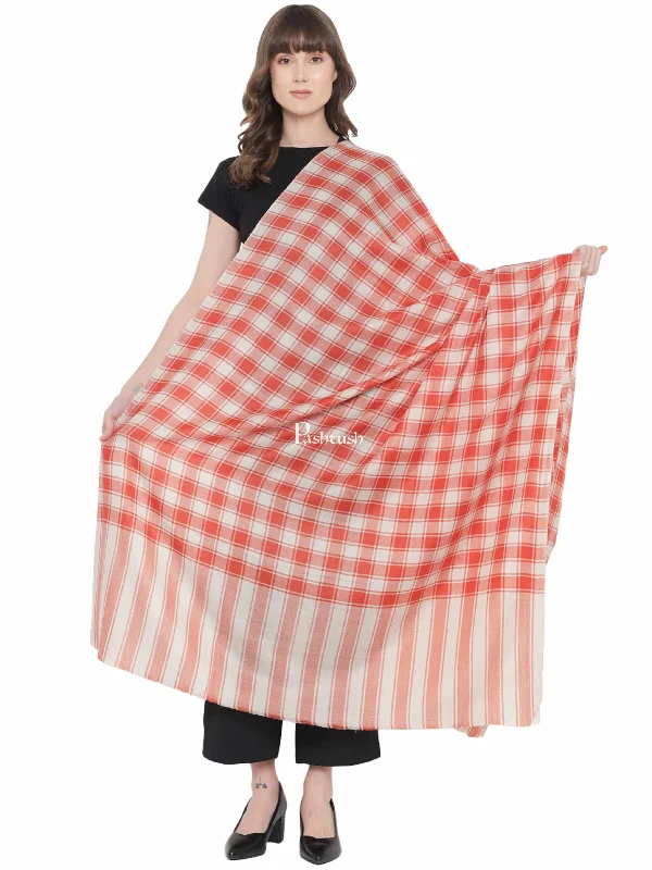 Pashtush Womens Shawl, Checkered Weave, Soft Fine Wool, Beige and orange