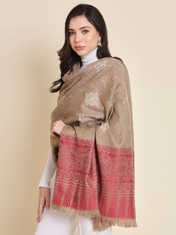 Pashtush Womens shawl, Fine Wool, Bootey Kashmiri Embroidery, Taupe and Maroon