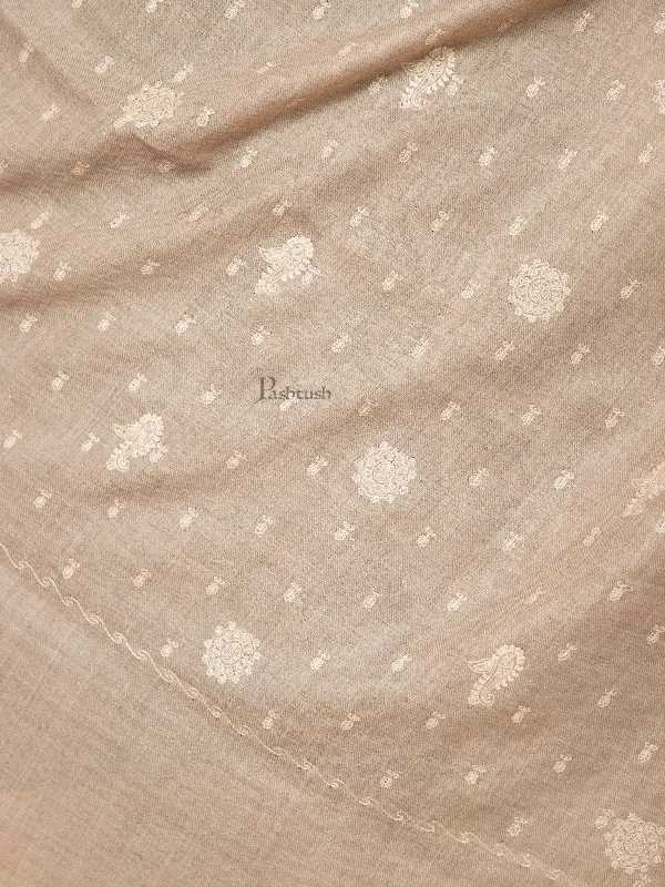 Pashtush Womens Shawl, Fine Wool, Tone on Tone Embroidery, Natural Beige