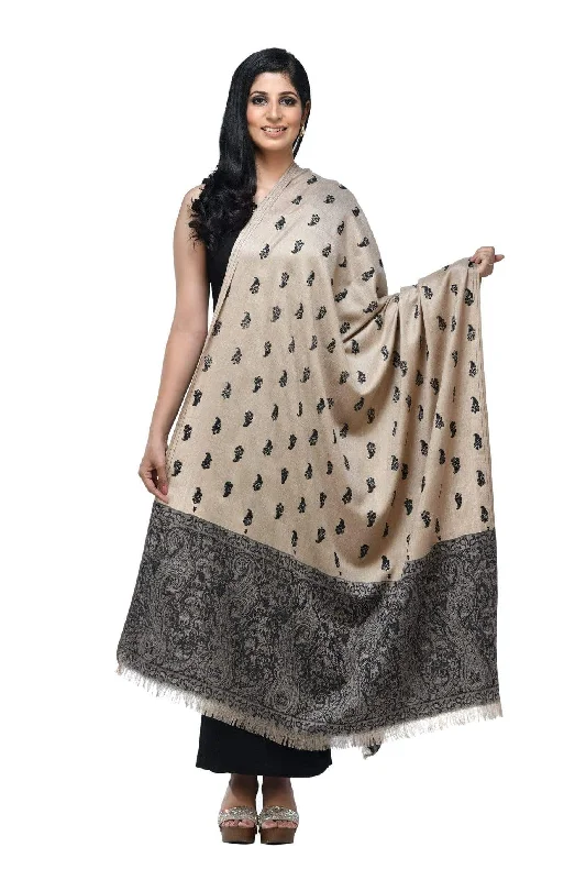 Pashwool Womens Embroidered Shawl, Kashmiri Stitch, With Woven Jamawar Palla Beige