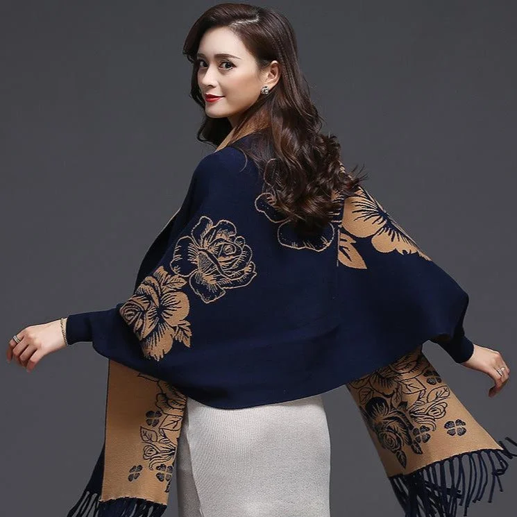 Batwing Sleeve Floral Sweater Shawl with Tassels