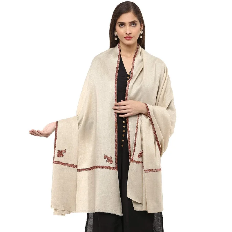 Pashtush Women 100% Hand Embroidery Woollen Shawl, Beige