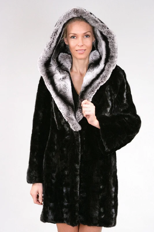 3 | Hooded Black Mink Fur Coat with Chinchilla Rabbit Fur Hood