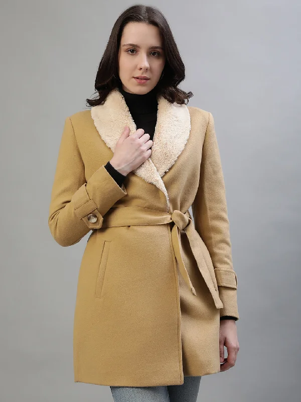 Iconic Women Beige Solid Shawl Collar Full Sleeves Coat