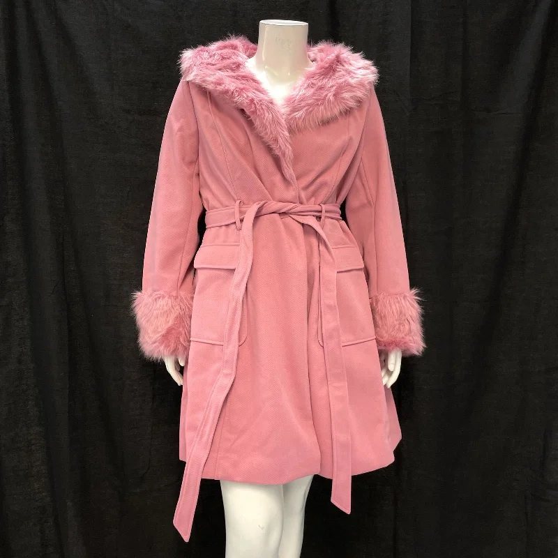 NWT Wmns CITY CHIC Dusty Pink Faux Fur Trim Belted Penny Lane Coat Sz L