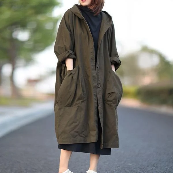 Plus Size Hooded Single Breasted Windbreaker Simple Casual Solid Color All-match Women Long Coat