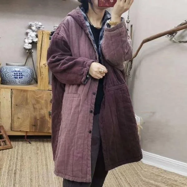 Retro Patchwork Hooded Warm Thick Cotton Parkas Plus Size All-match Women Long Coat