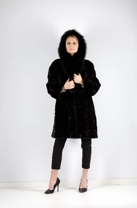 12 | Black Hooded Mink With Fox Fur Trim Coat