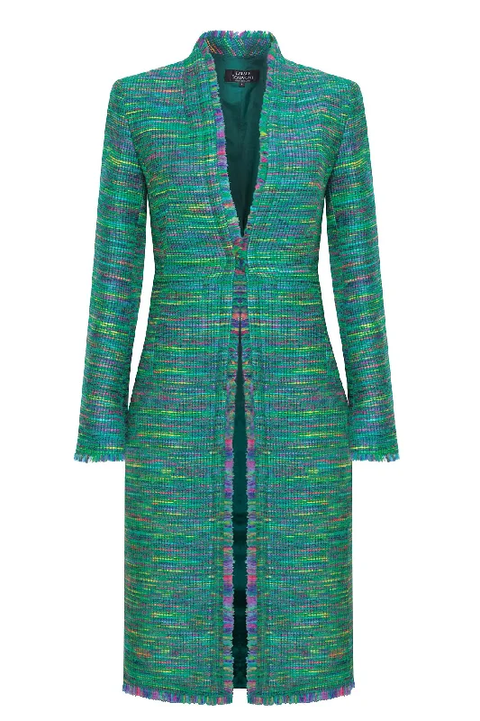 Tweed Coat in Bright Green and Multi Stripes - Daniella