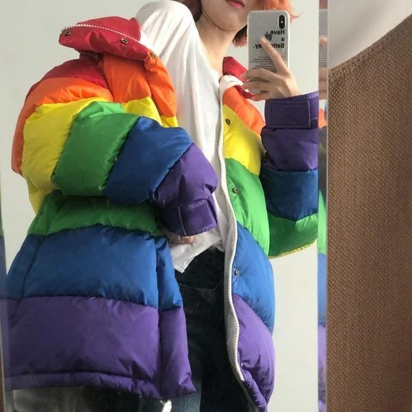 Women Rainbow Wadded Parka Plus Size Loose Striped Coat